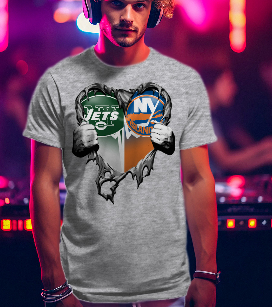 Jets Islanders Heart Rip Torn Metal Hands T-Shirt