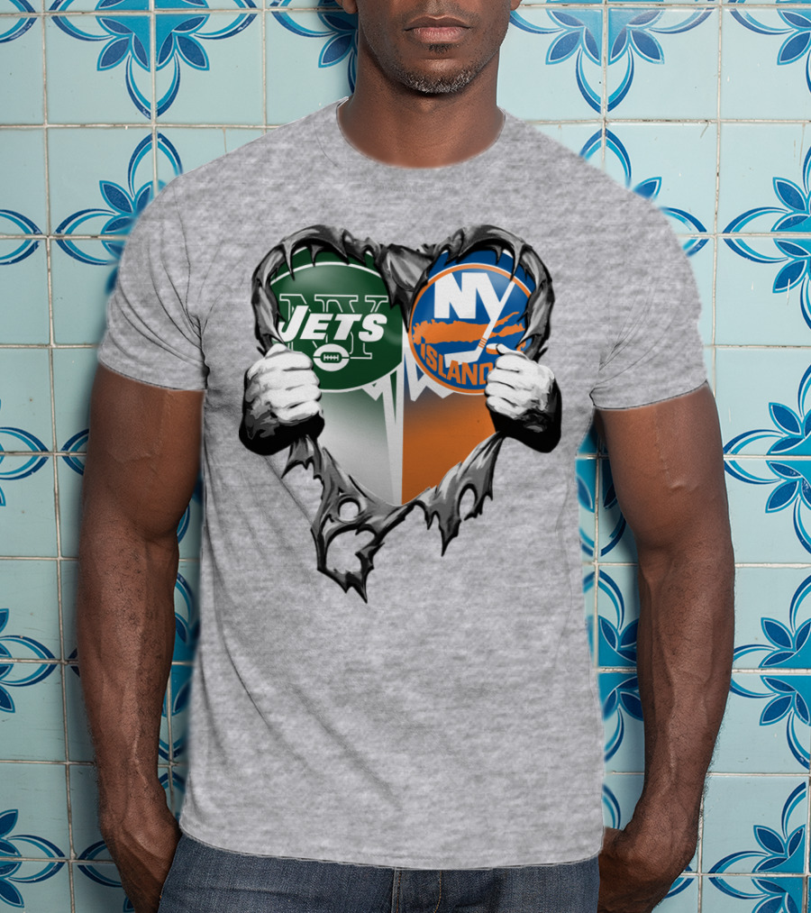Jets Islanders Heart Rip Torn Metal Hands T-Shirt