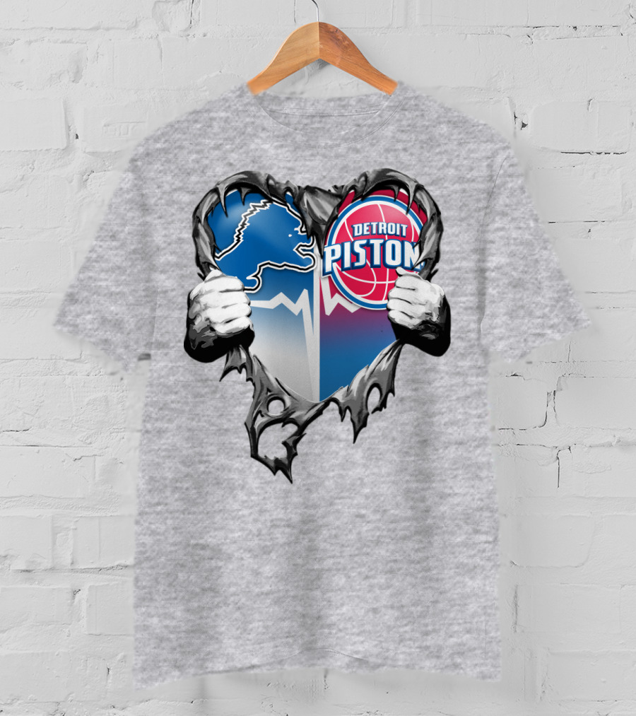 Detroit Lions And Detroit Pistons Heart Logo Fusion T-Shirt