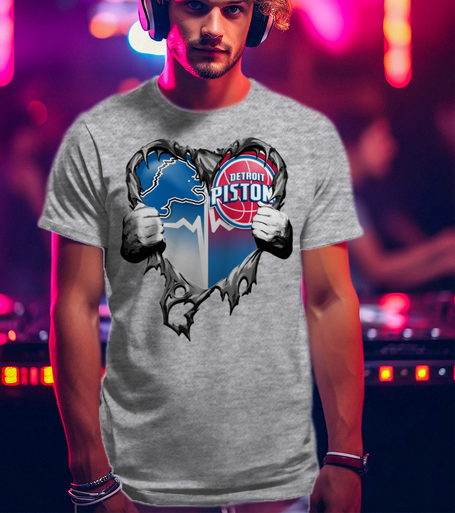 Detroit Lions And Detroit Pistons Heart Logo Fusion T-Shirt