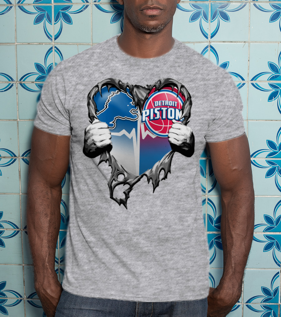 Detroit Lions And Detroit Pistons Heart Logo Fusion T-Shirt