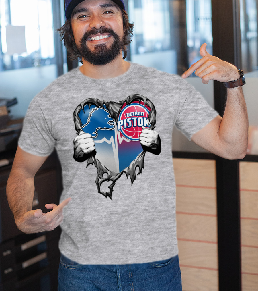 Detroit Lions And Detroit Pistons Heart Logo Fusion T-Shirt