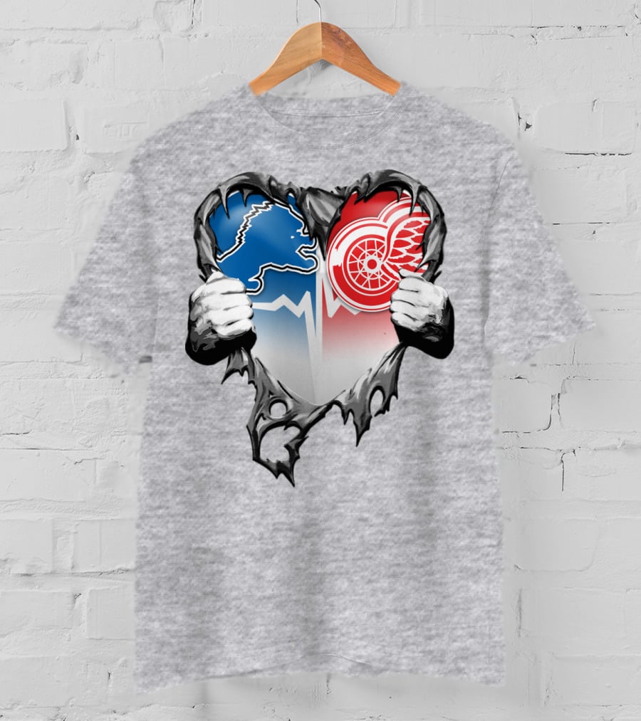 Xatt073 Detroit Lions Red Wings Heart Rip T-Shirt