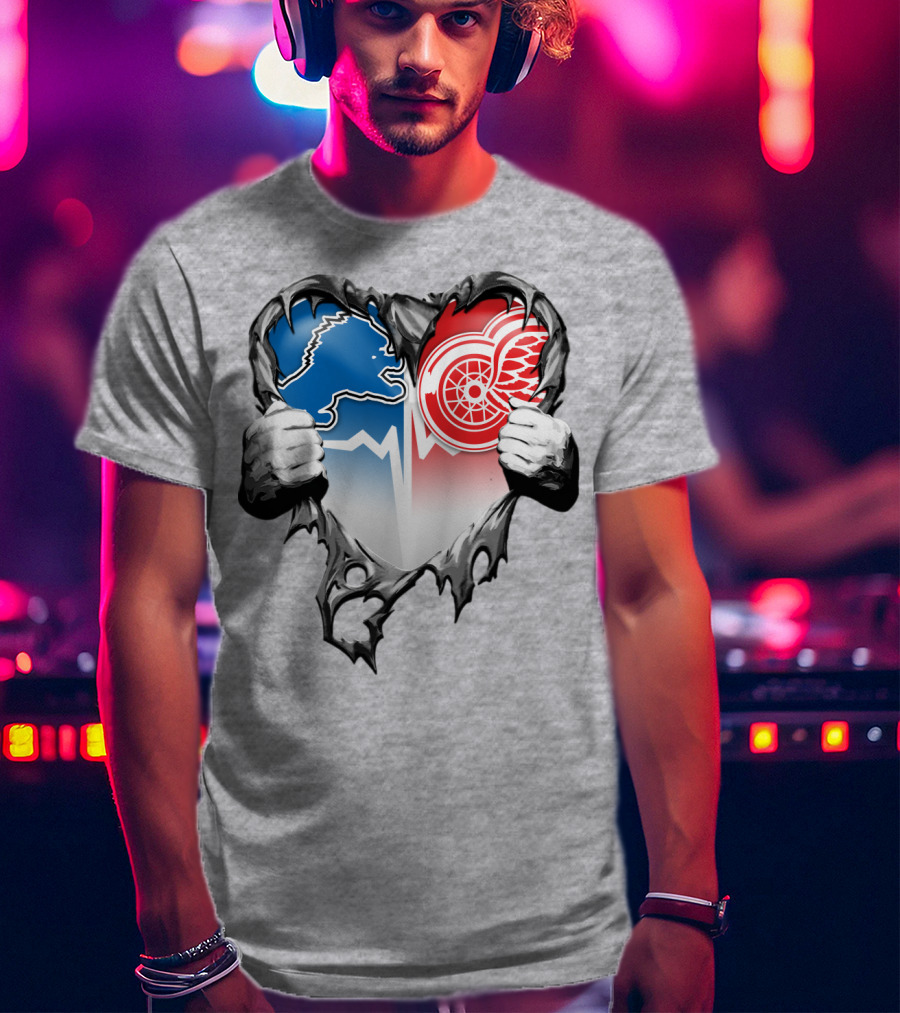 Xatt073 Detroit Lions Red Wings Heart Rip T-Shirt