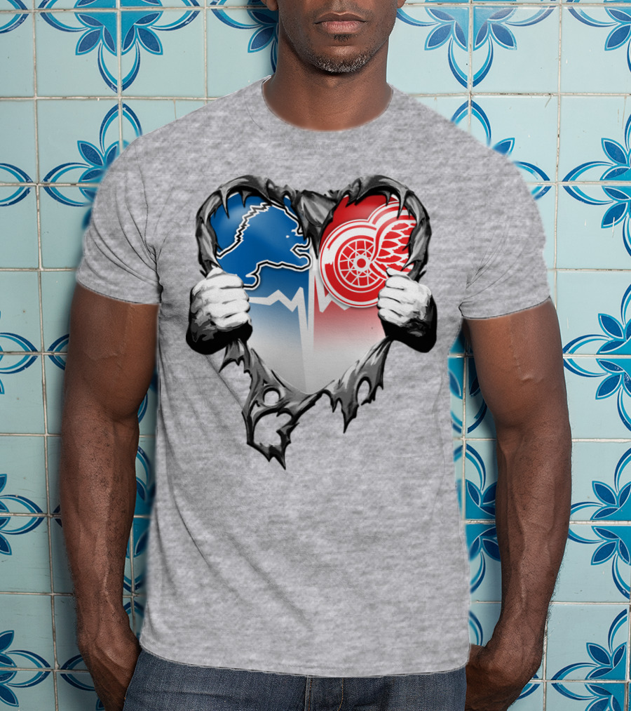 Xatt073 Detroit Lions Red Wings Heart Rip T-Shirt
