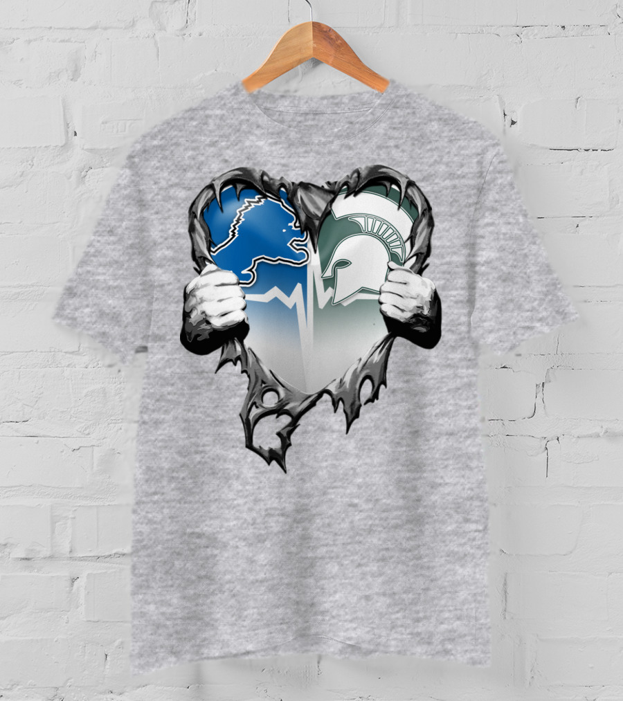 Detroit Lions And Michigan State Spartans Heart Logo Collaboration T-Shirt