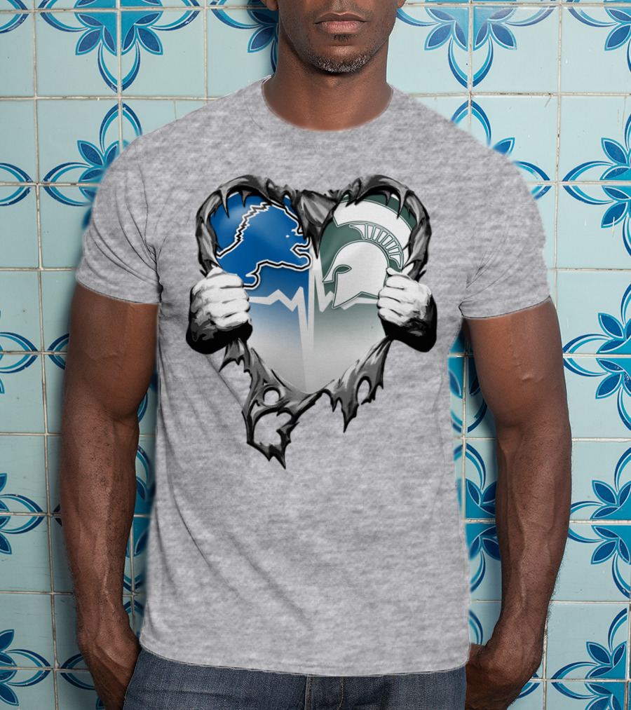 Detroit Lions And Michigan State Spartans Heart Logo Collaboration T-Shirt