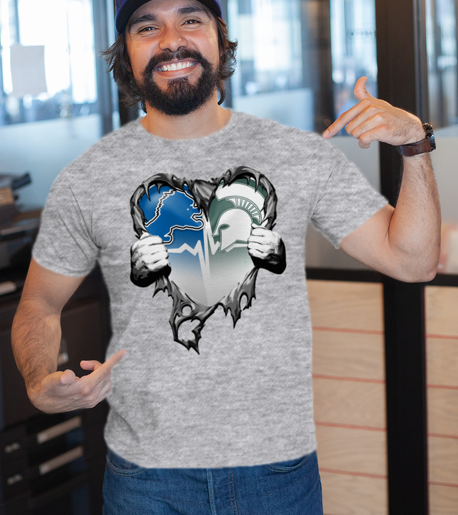 Detroit Lions And Michigan State Spartans Heart Logo Collaboration T-Shirt