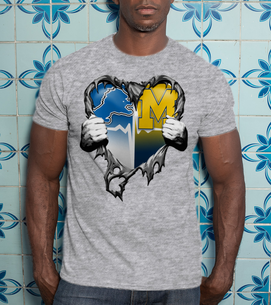 Detroit Lions And Michigan Wolverines Split Heart T-Shirt