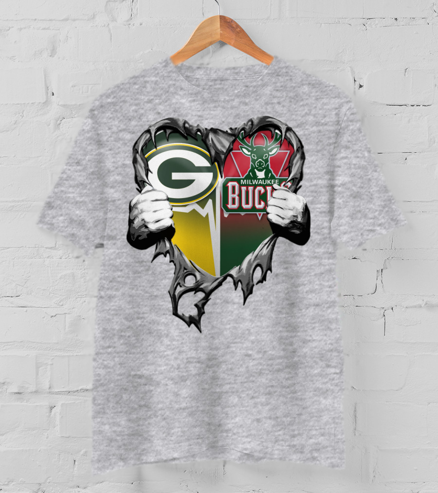 Green Bay Packers Milwaukee Bucks Heart T-Shirt