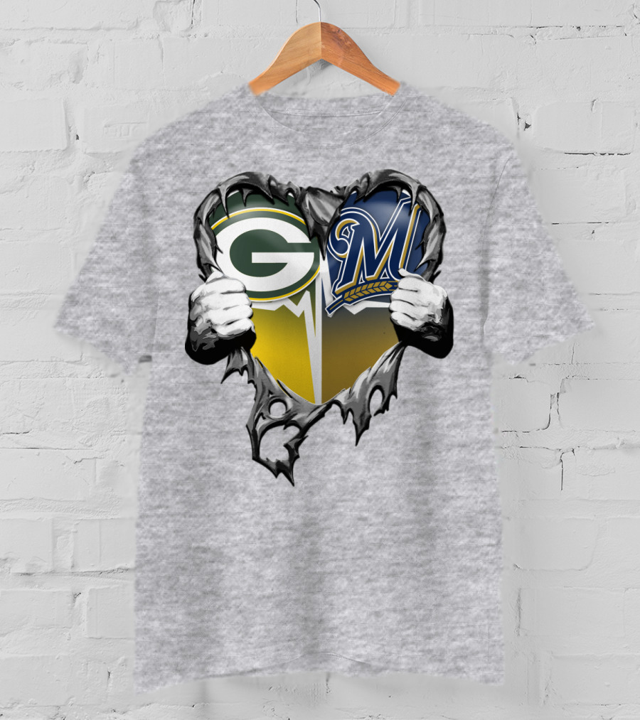 Green Bay Packers Milwaukee Brewers Heart Tear T-Shirt