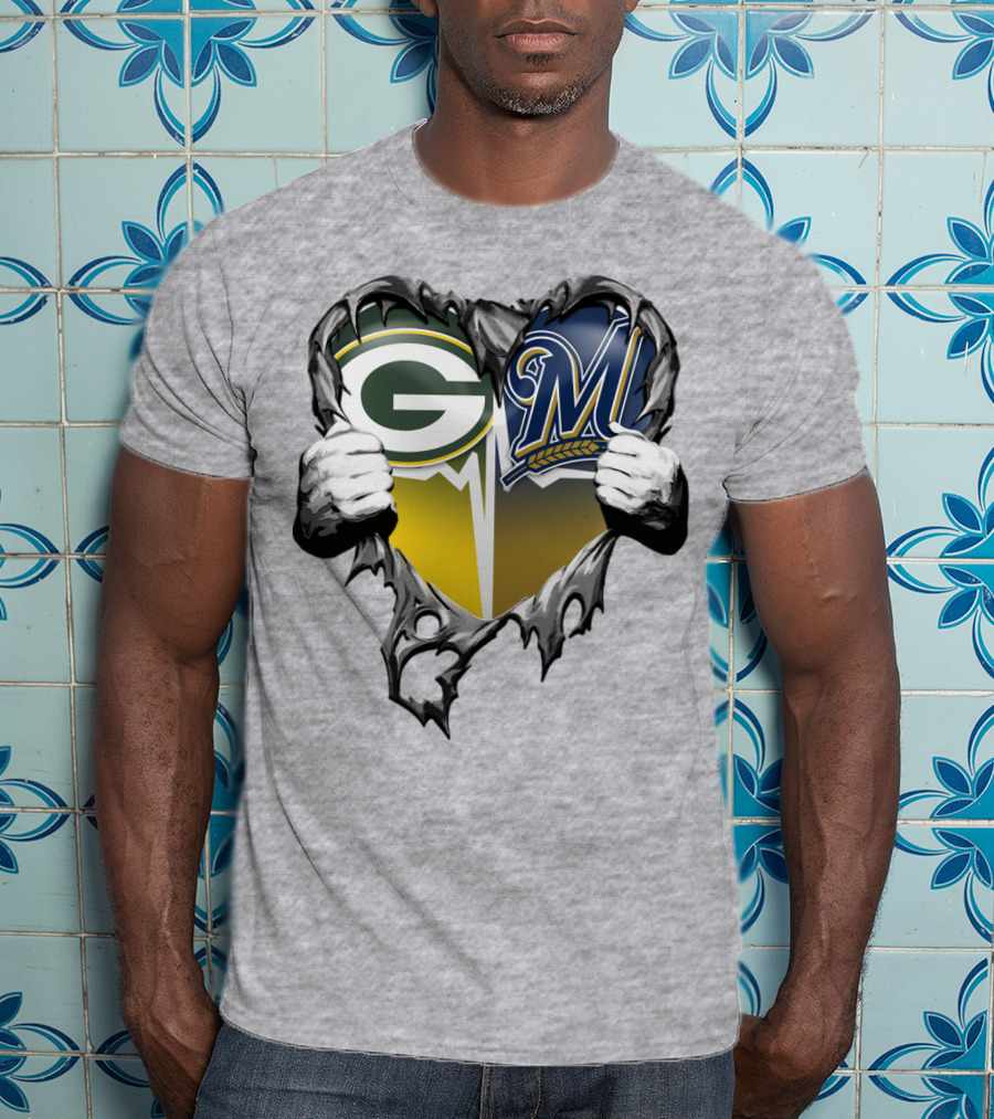Green Bay Packers Milwaukee Brewers Heart Tear T-Shirt