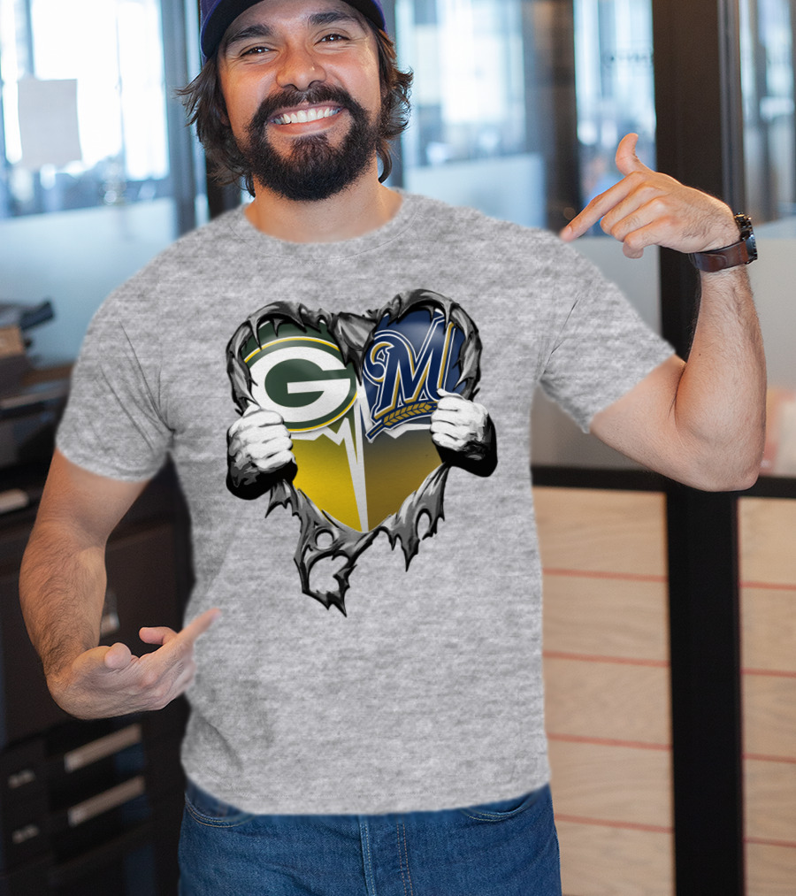 Green Bay Packers Milwaukee Brewers Heart Tear T-Shirt