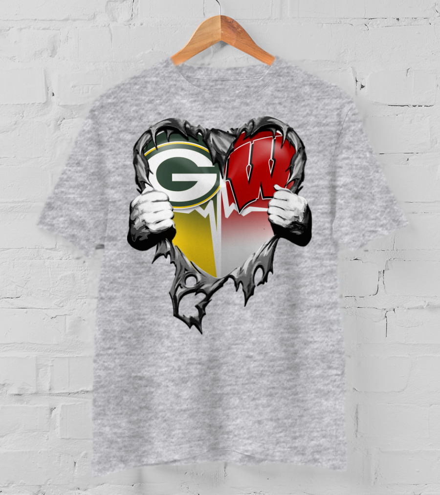 Green Bay Packers And Wisconsin Badgers Rip Heart T-Shirt