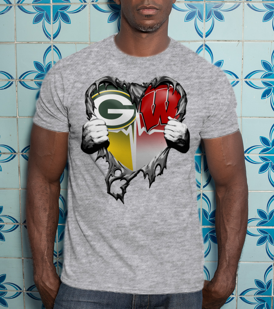 Green Bay Packers And Wisconsin Badgers Rip Heart T-Shirt