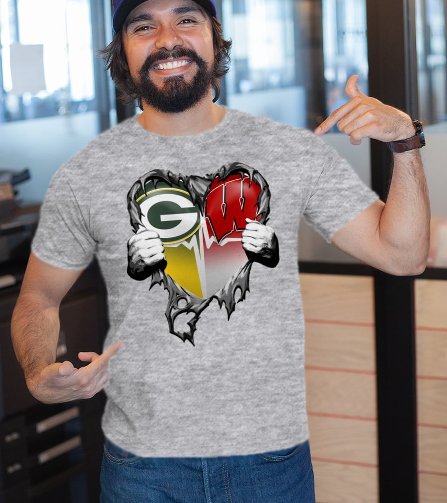 Green Bay Packers And Wisconsin Badgers Rip Heart T-Shirt