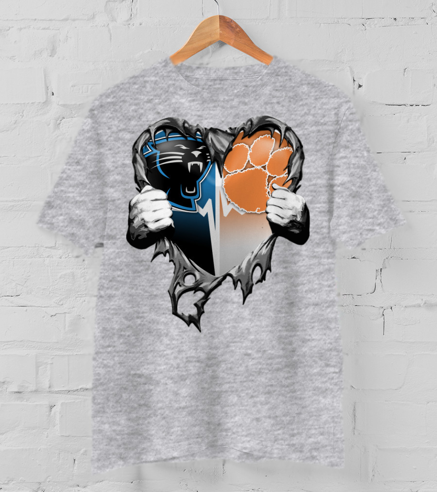Carolina Panthers Clemson Tigers Heart Ripped T-Shirt
