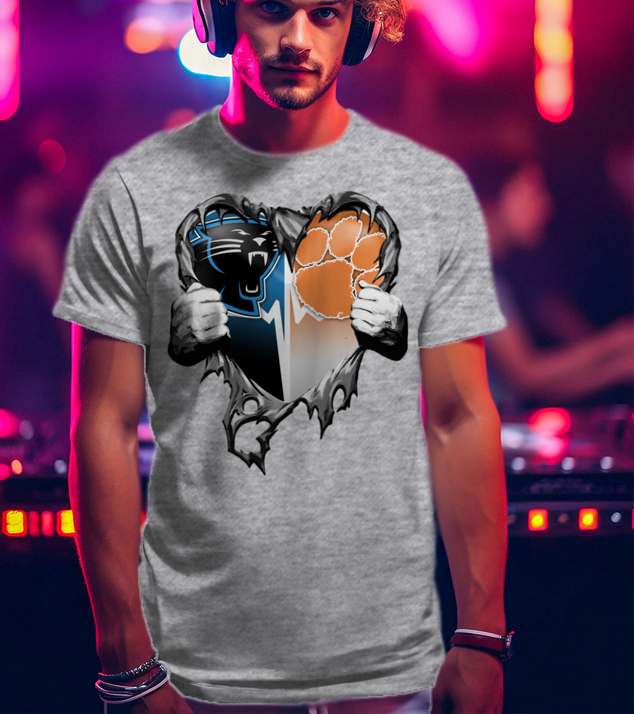 Carolina Panthers Clemson Tigers Heart Ripped T-Shirt