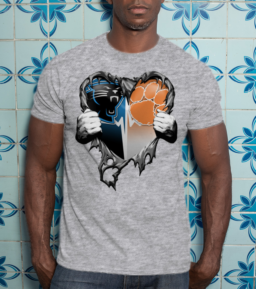 Carolina Panthers Clemson Tigers Heart Ripped T-Shirt