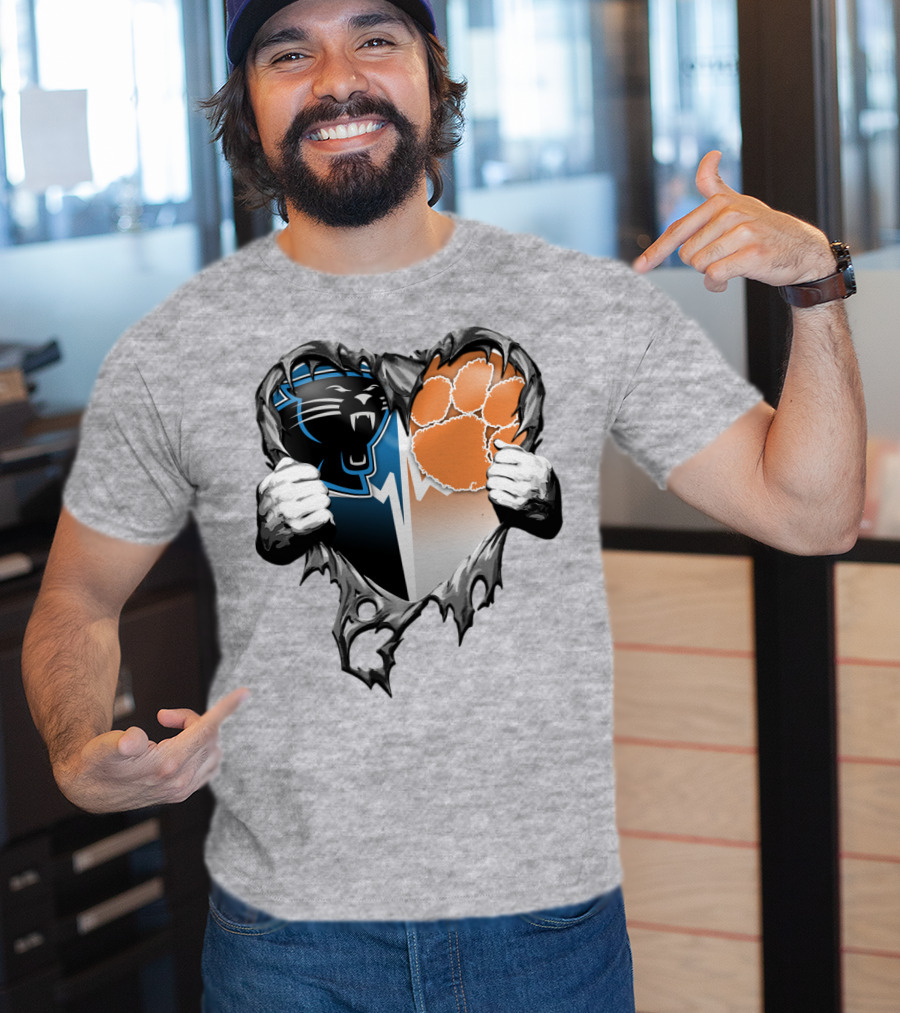 Carolina Panthers Clemson Tigers Heart Ripped T-Shirt