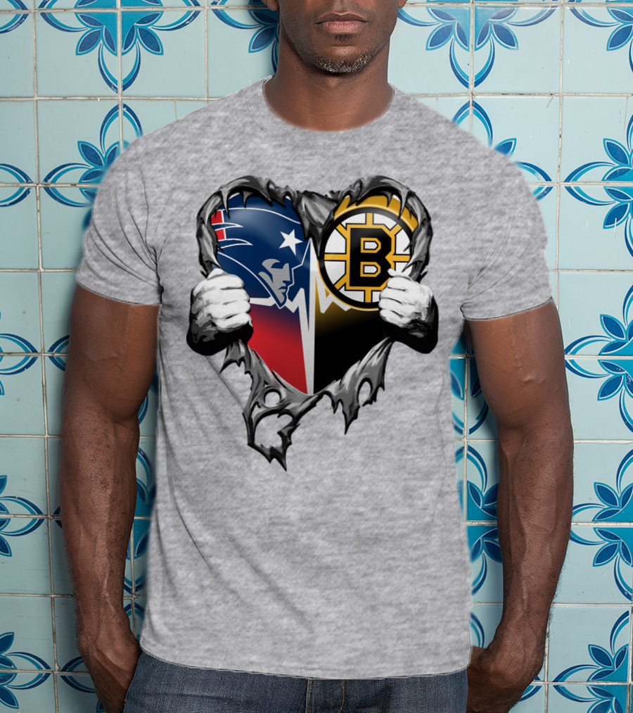 Patriots Bruins Torn Heart Logo Fusion T-Shirt