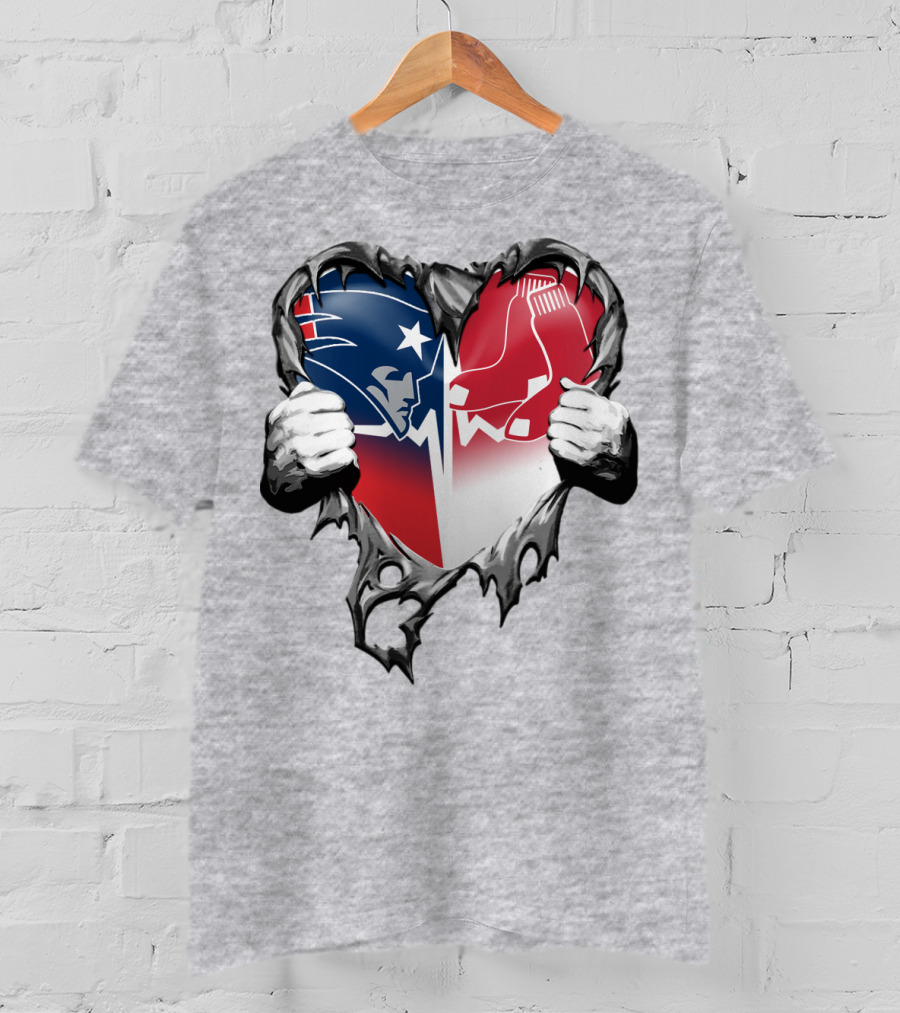 Patriots And Red Sox Heart Design With Torn Metal Effect T-Shirt