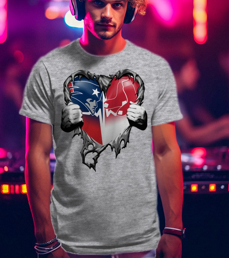 Patriots And Red Sox Heart Design With Torn Metal Effect T-Shirt
