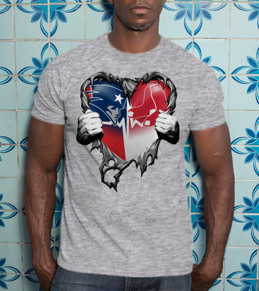 Patriots And Red Sox Heart Design With Torn Metal Effect T-Shirt