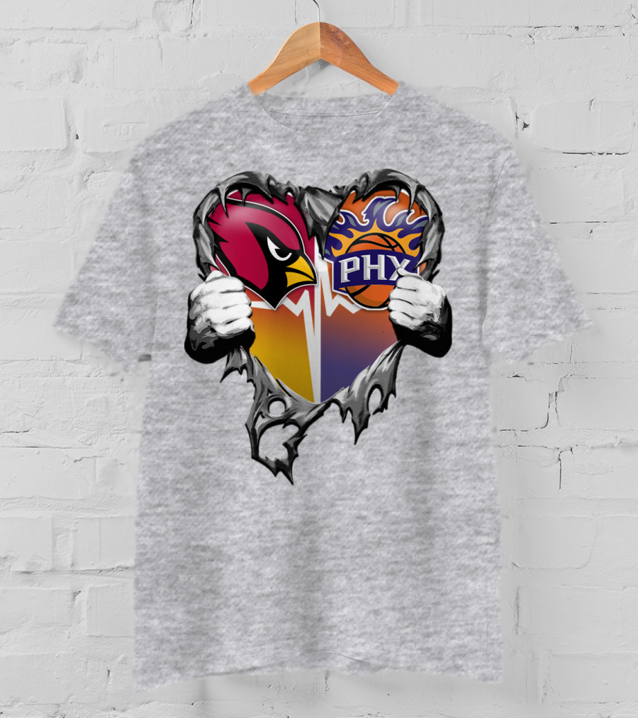 Arizona Cardinals And Phoenix Suns Heart Symbol With Torn Metal Effect T-Shirt