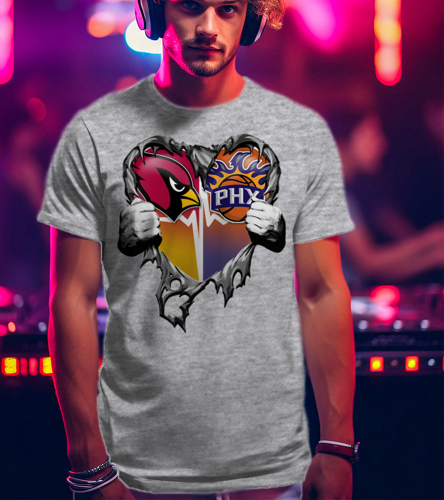 Arizona Cardinals And Phoenix Suns Heart Symbol With Torn Metal Effect T-Shirt