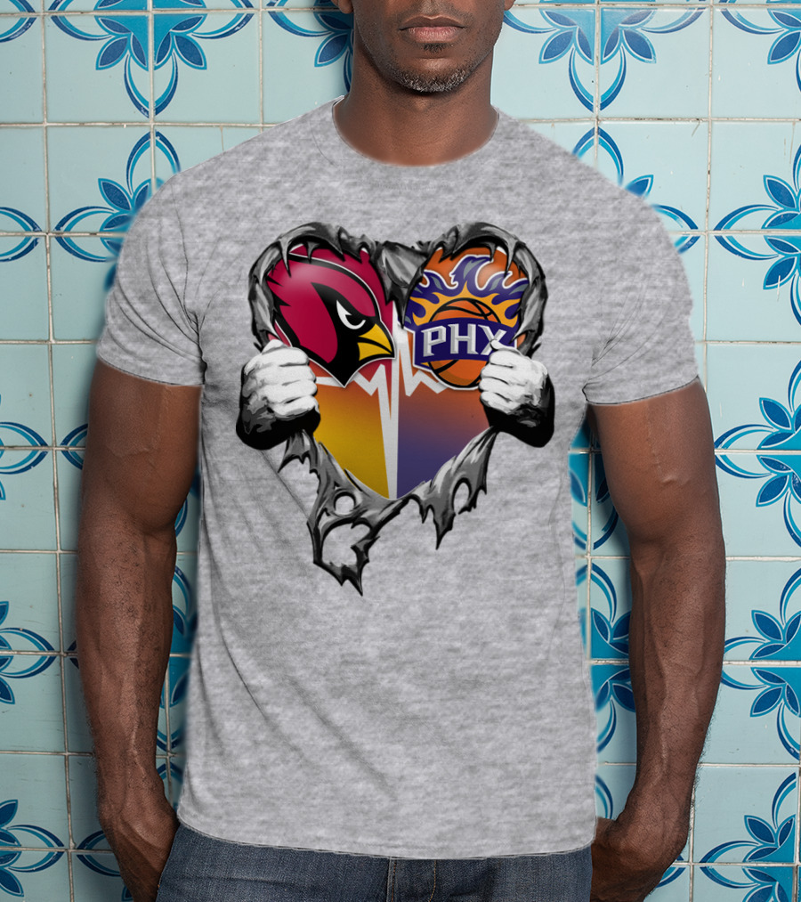 Arizona Cardinals And Phoenix Suns Heart Symbol With Torn Metal Effect T-Shirt