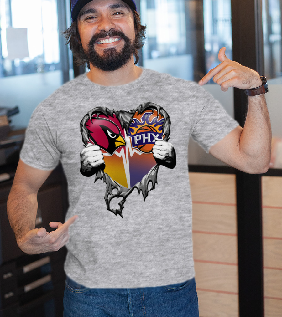 Arizona Cardinals And Phoenix Suns Heart Symbol With Torn Metal Effect T-Shirt