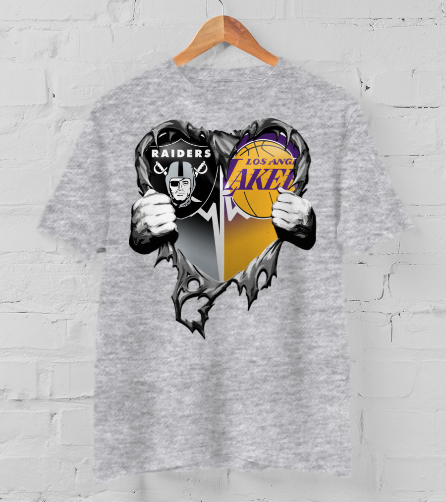 Raiders Los Angeles Lakers Heart Logo Tear T-Shirt