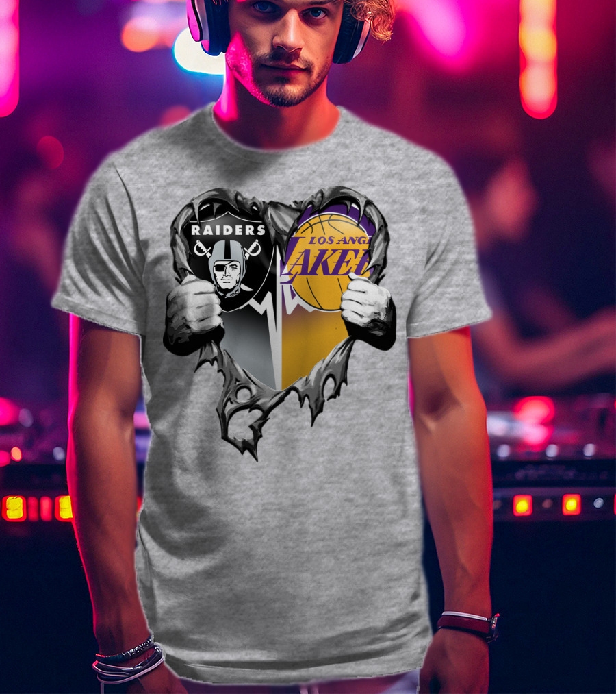 Raiders Los Angeles Lakers Heart Logo Tear T-Shirt