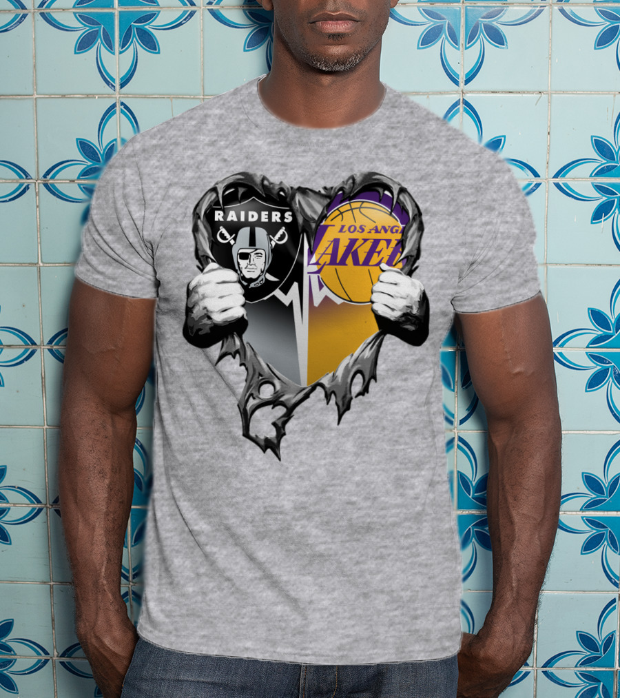 Raiders Los Angeles Lakers Heart Logo Tear T-Shirt