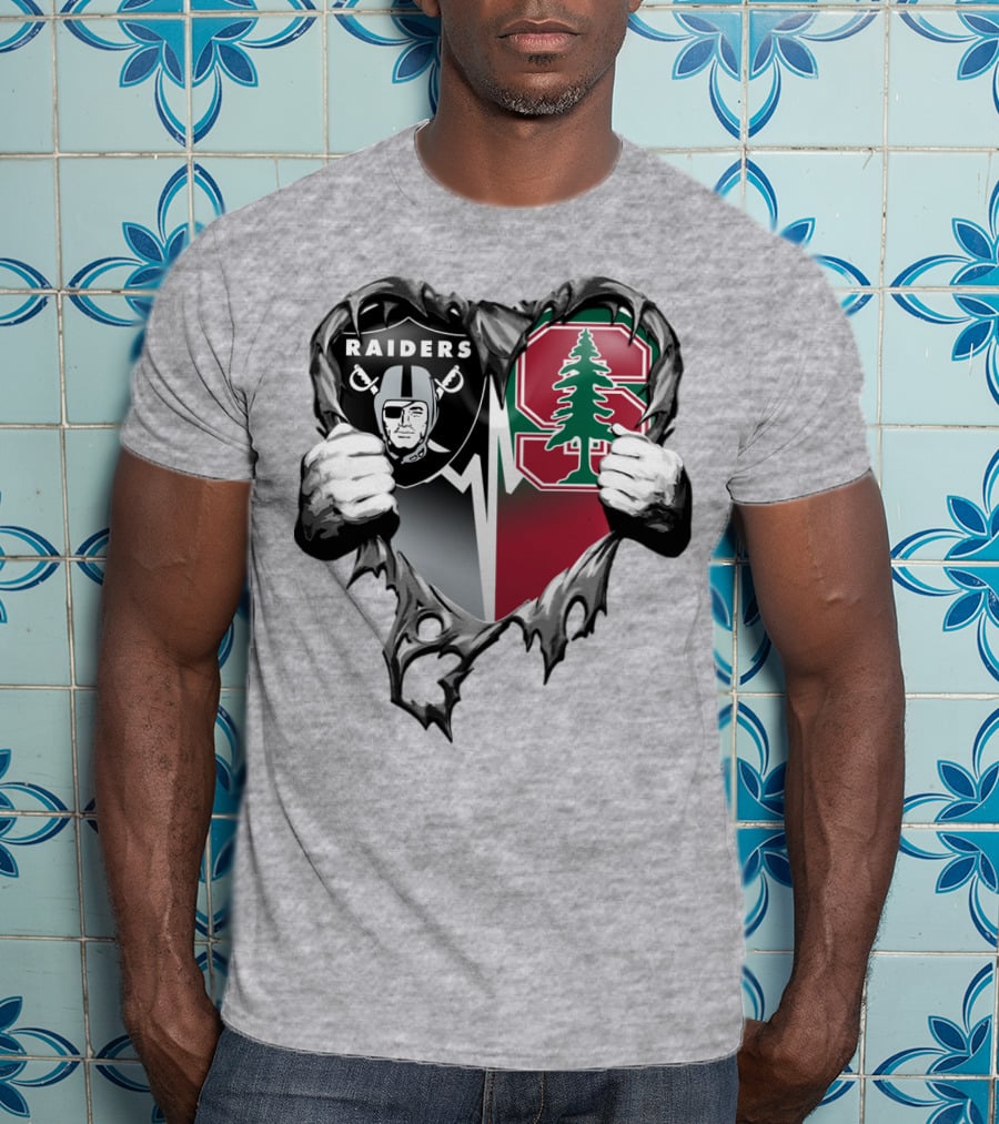 Raiders Stanford Cardinal Heart Football Fusion T-Shirt