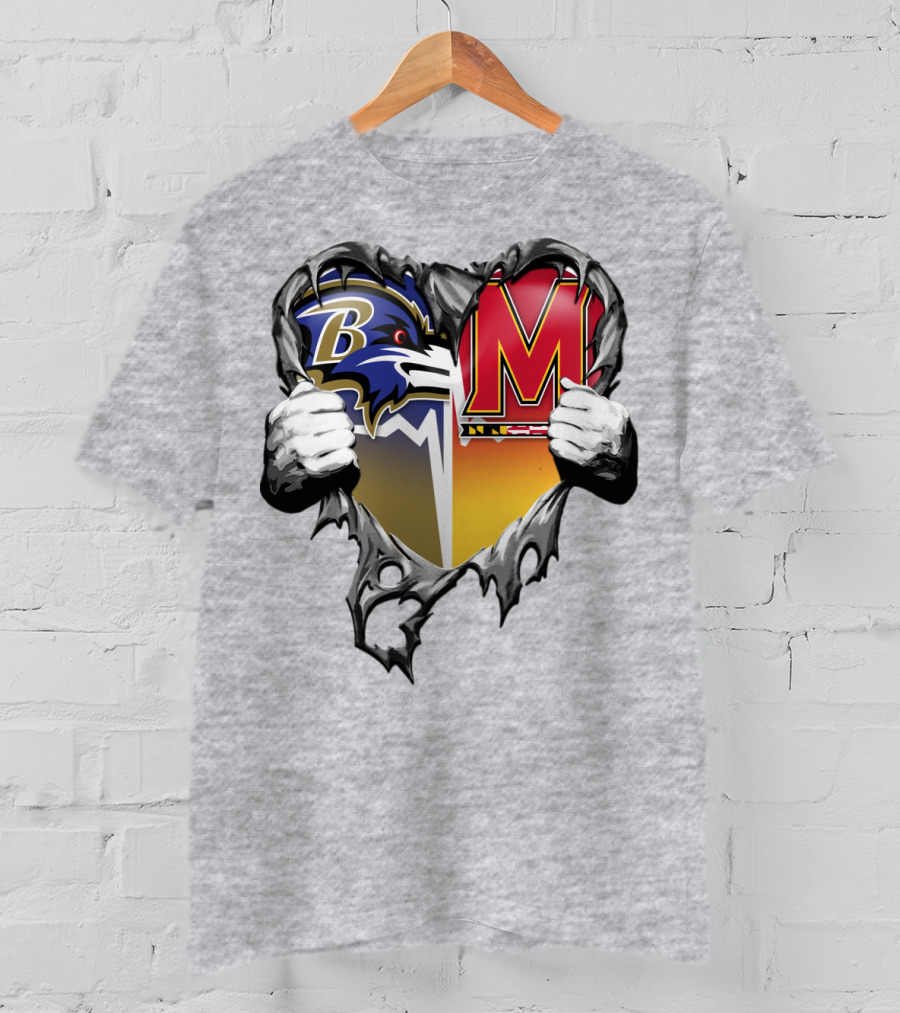 Baltimore Ravens Maryland Terrapins Heart Rip Football Fan T-Shirt