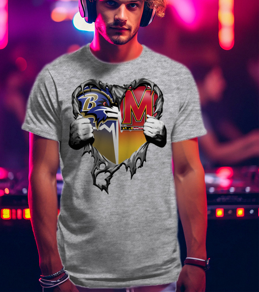 Baltimore Ravens Maryland Terrapins Heart Rip Football Fan T-Shirt