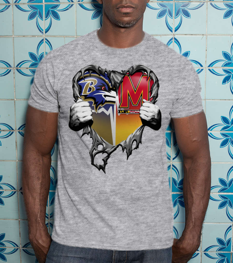 Baltimore Ravens Maryland Terrapins Heart Rip Football Fan T-Shirt