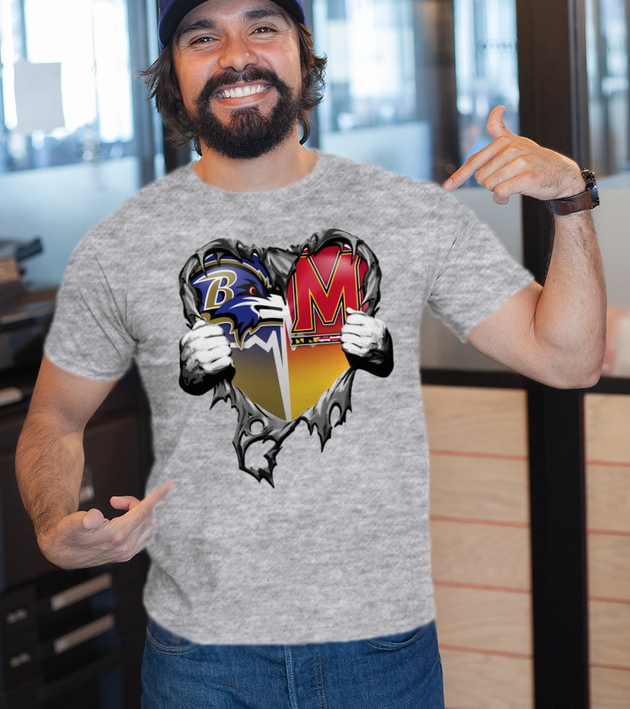 Baltimore Ravens Maryland Terrapins Heart Rip Football Fan T-Shirt