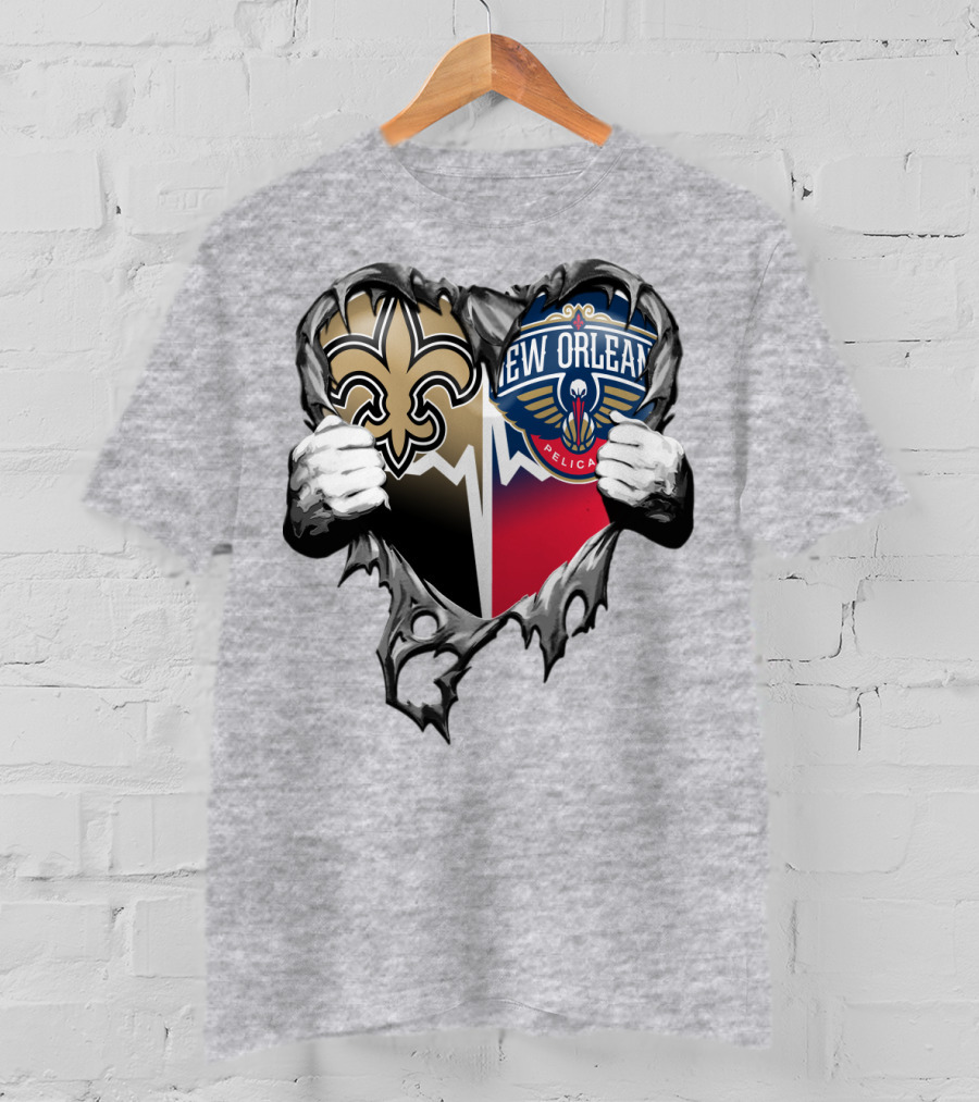 New Orleans Saints Pelicans Heart Tear T-Shirt