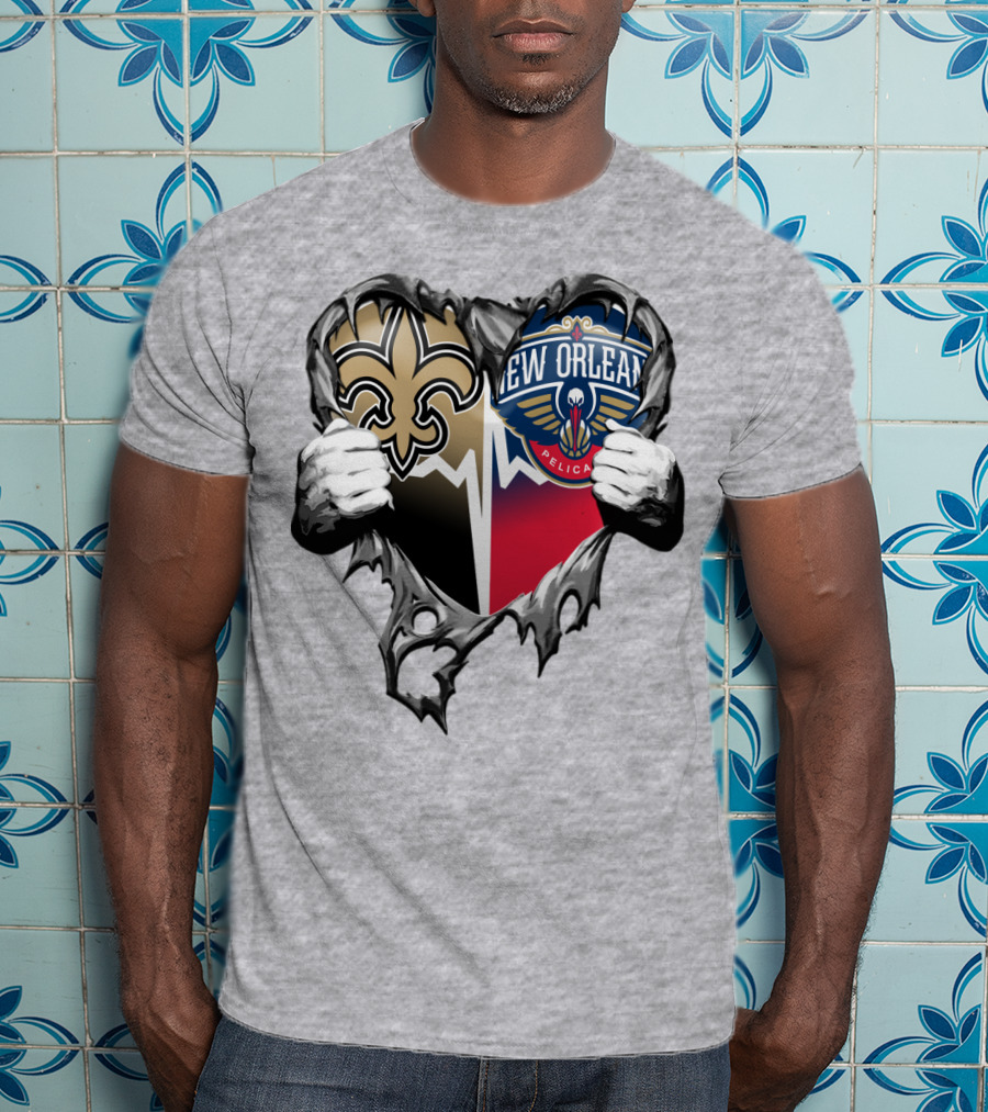 New Orleans Saints Pelicans Heart Tear T-Shirt
