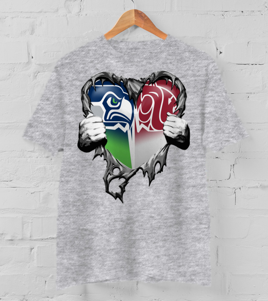 Seattle Seahawks And Washington State Cougars Split Heart T-Shirt