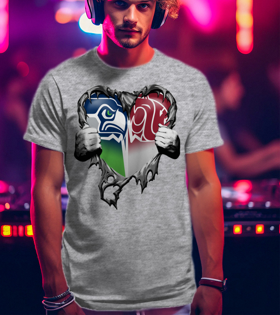 Seattle Seahawks And Washington State Cougars Split Heart T-Shirt