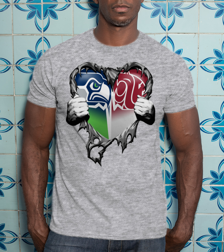 Seattle Seahawks And Washington State Cougars Split Heart T-Shirt
