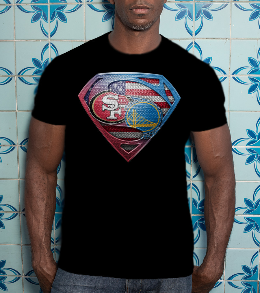 San Francisco 49ers And Golden State Warriors Super Shield American Flag T-Shirt