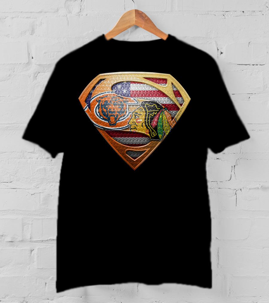Chicago Bears Blackhawks Flag Superman T-Shirt