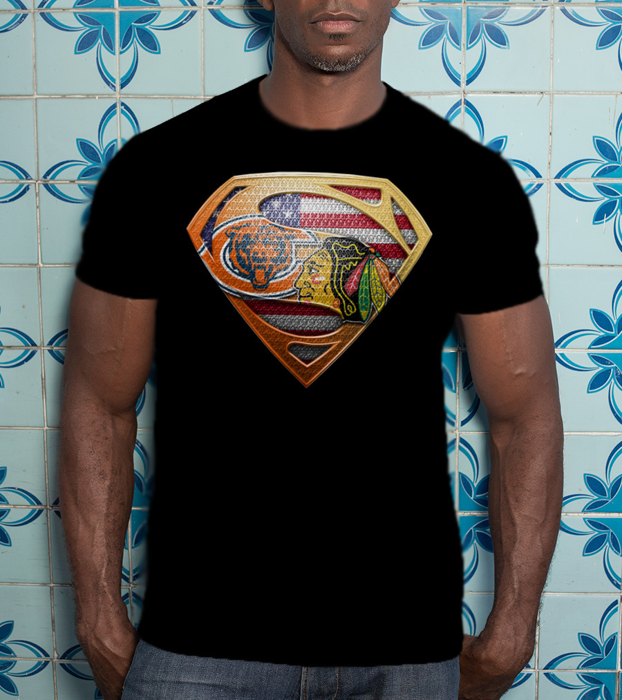 Chicago Bears Blackhawks Flag Superman T-Shirt