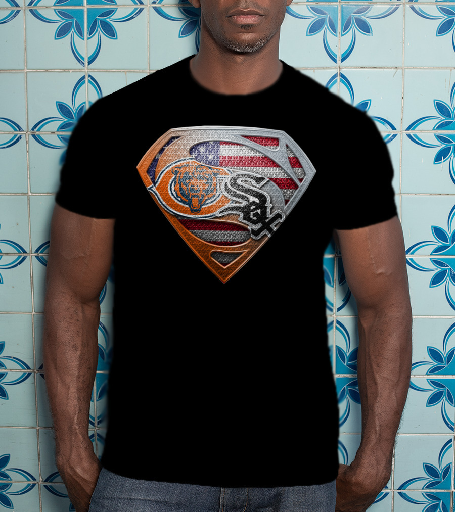Chicago Bears White Sox American Flag Superman Shield T-Shirt