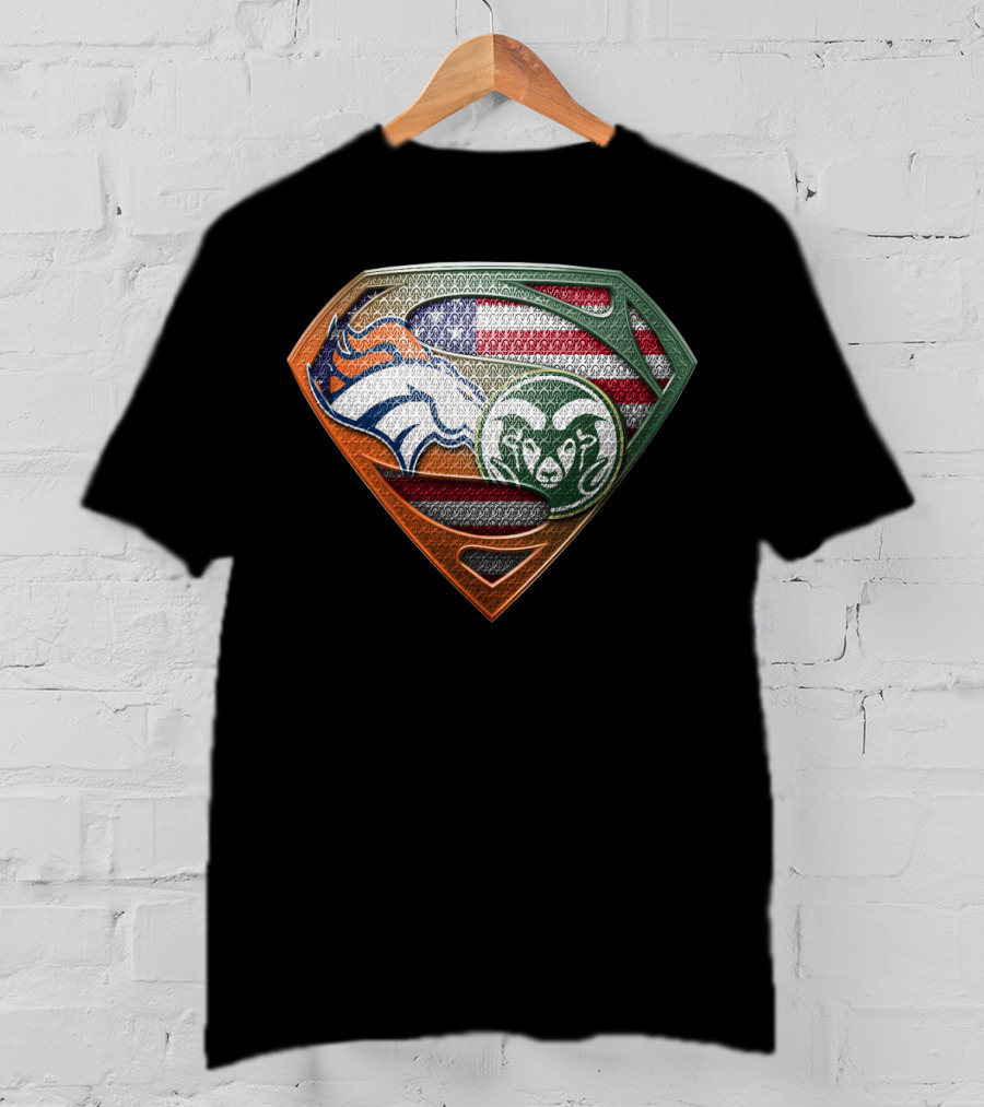 Denver Broncos And Colorado State Rams Superman Shield American Flag Montage T-Shirt